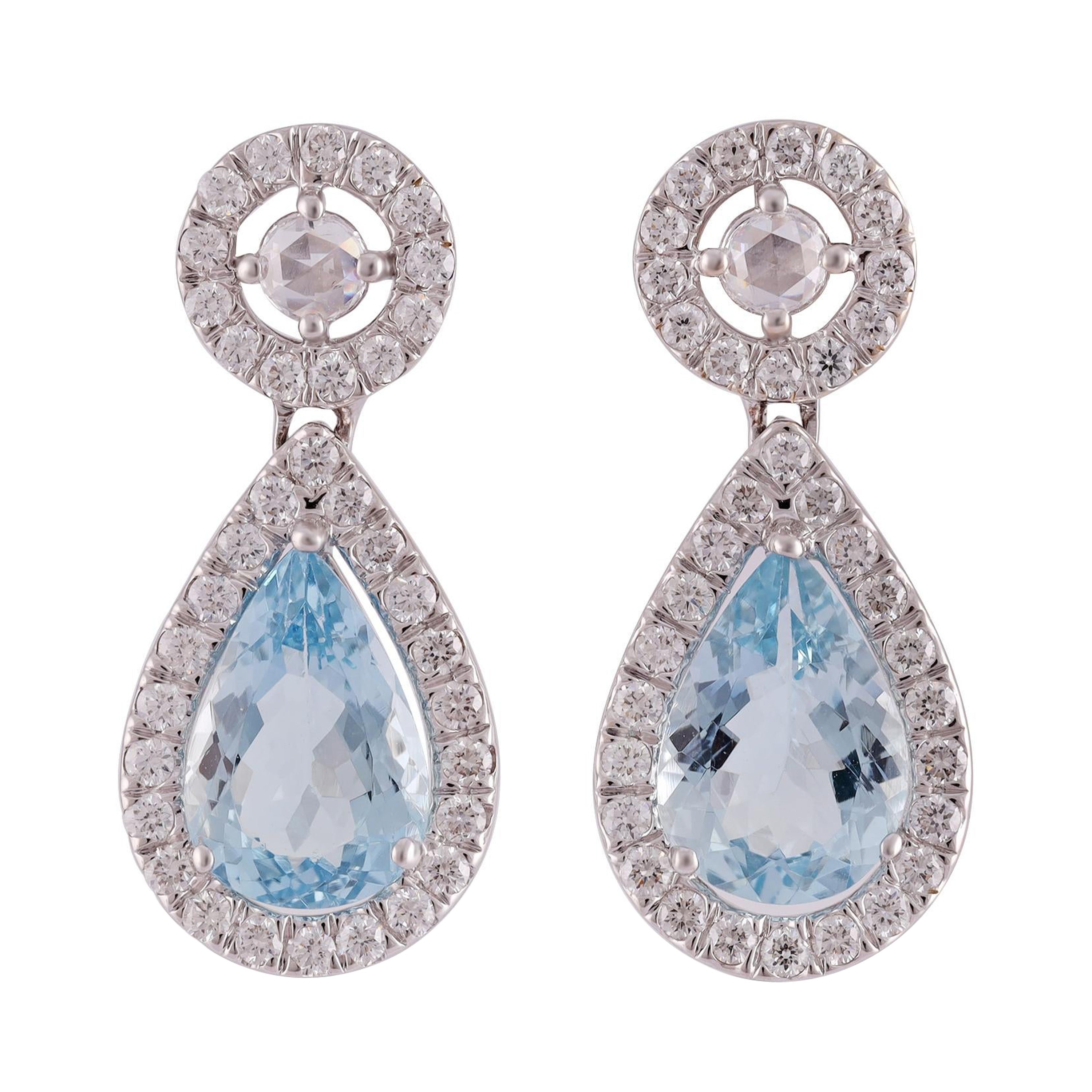 3.87 Carat Clear Aquamarine & Diamond Cluster Earring in 18K gold For Sale