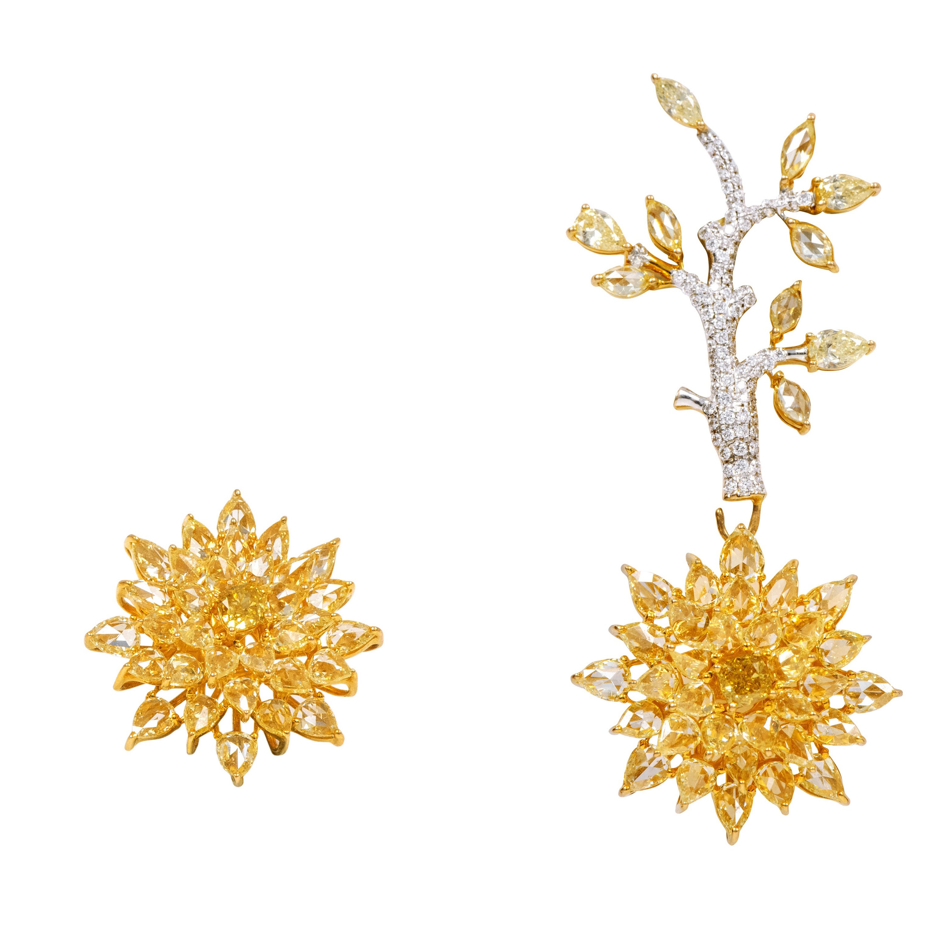 18 Karat Gold 12.86 Carat Yellow and White Diamond Two-Way Dangle & Stud Earring For Sale