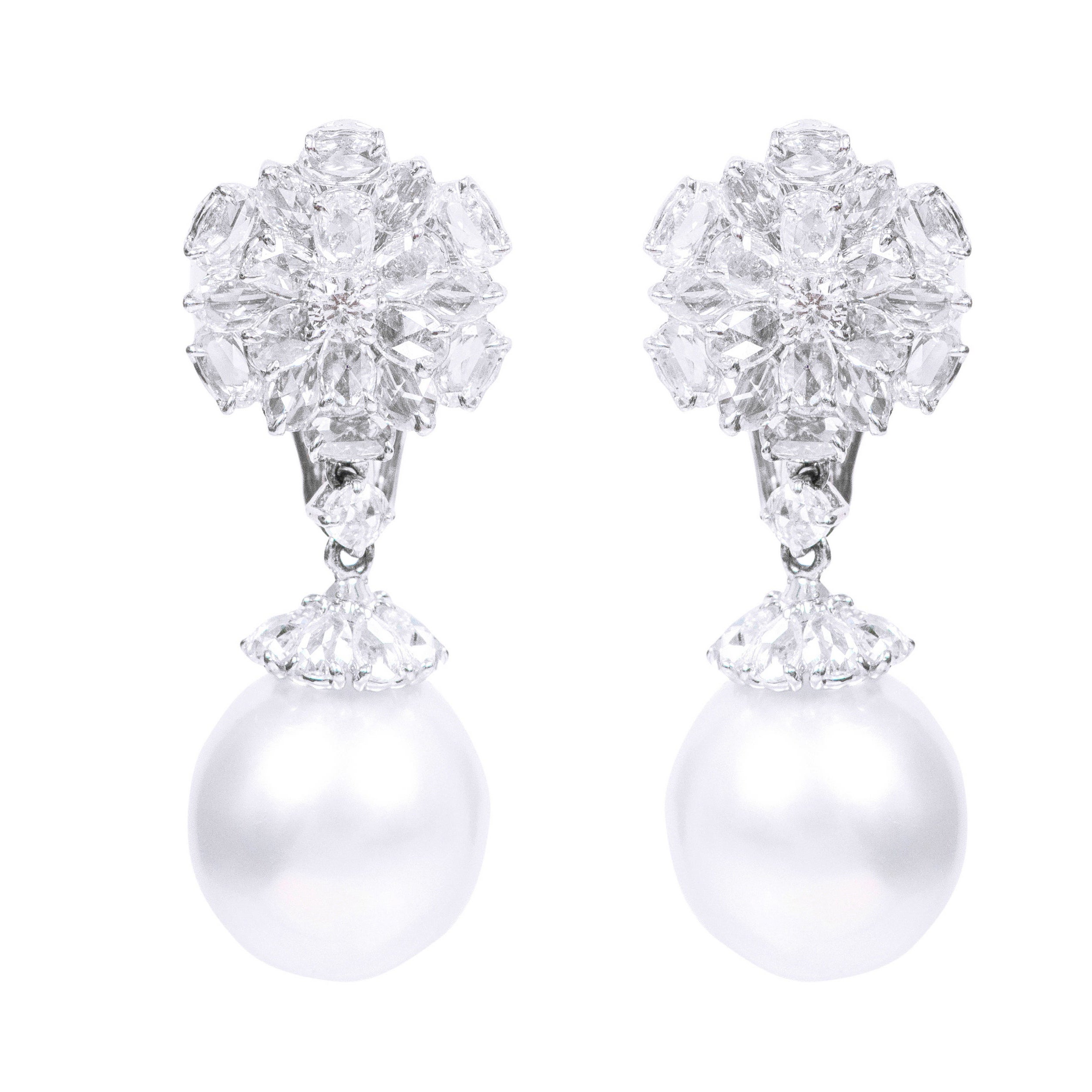 18 Karat Gold 14.04 Carat Diamond and Pearl Drop Earrings For Sale