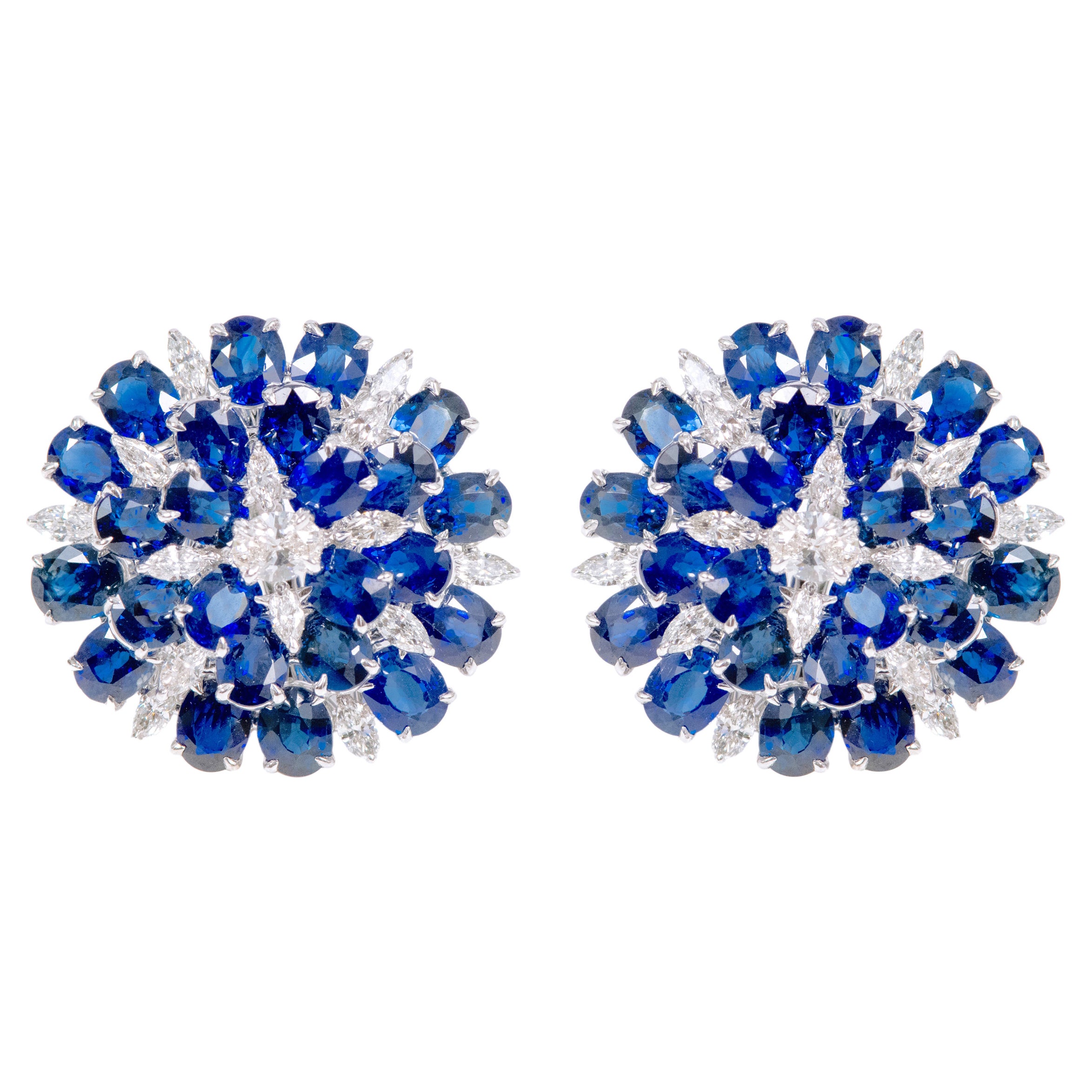 18 Karat Gold 18.69 Carat Sapphire and Diamond Flower Stud Earrings