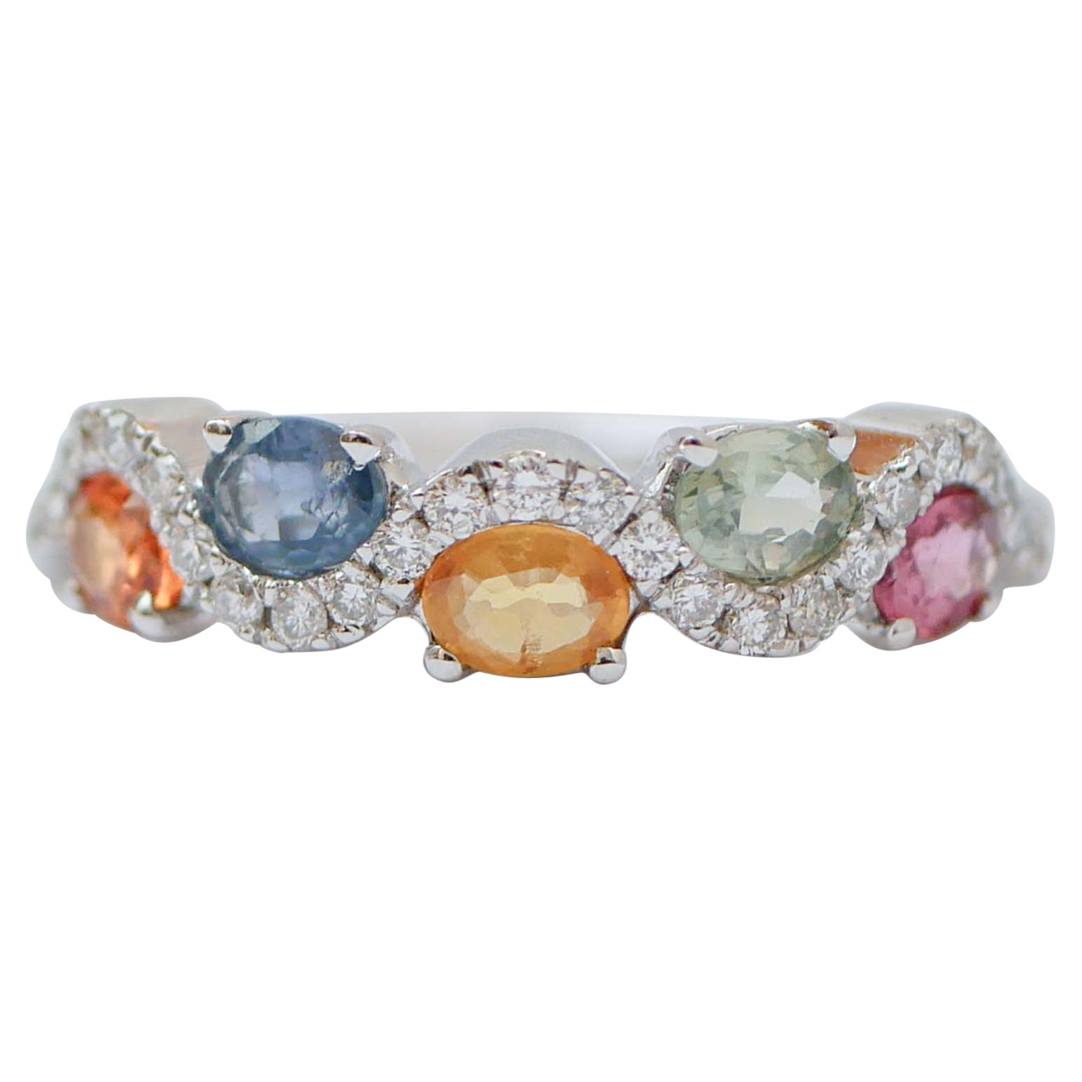 Multicolor Sapphires, Diamonds, 18 Karat White Gold Modern Ring For Sale