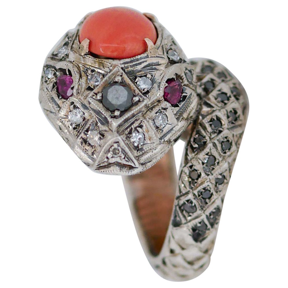 Coral, Rubies, Diamonds, Rose Gold and Silver Snake Ring.