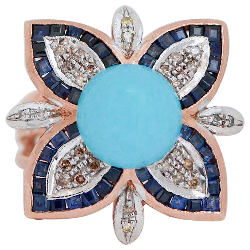 Magnesite, Sapphires, Diamonds, Rose Gold and Silver Ring. For Sale