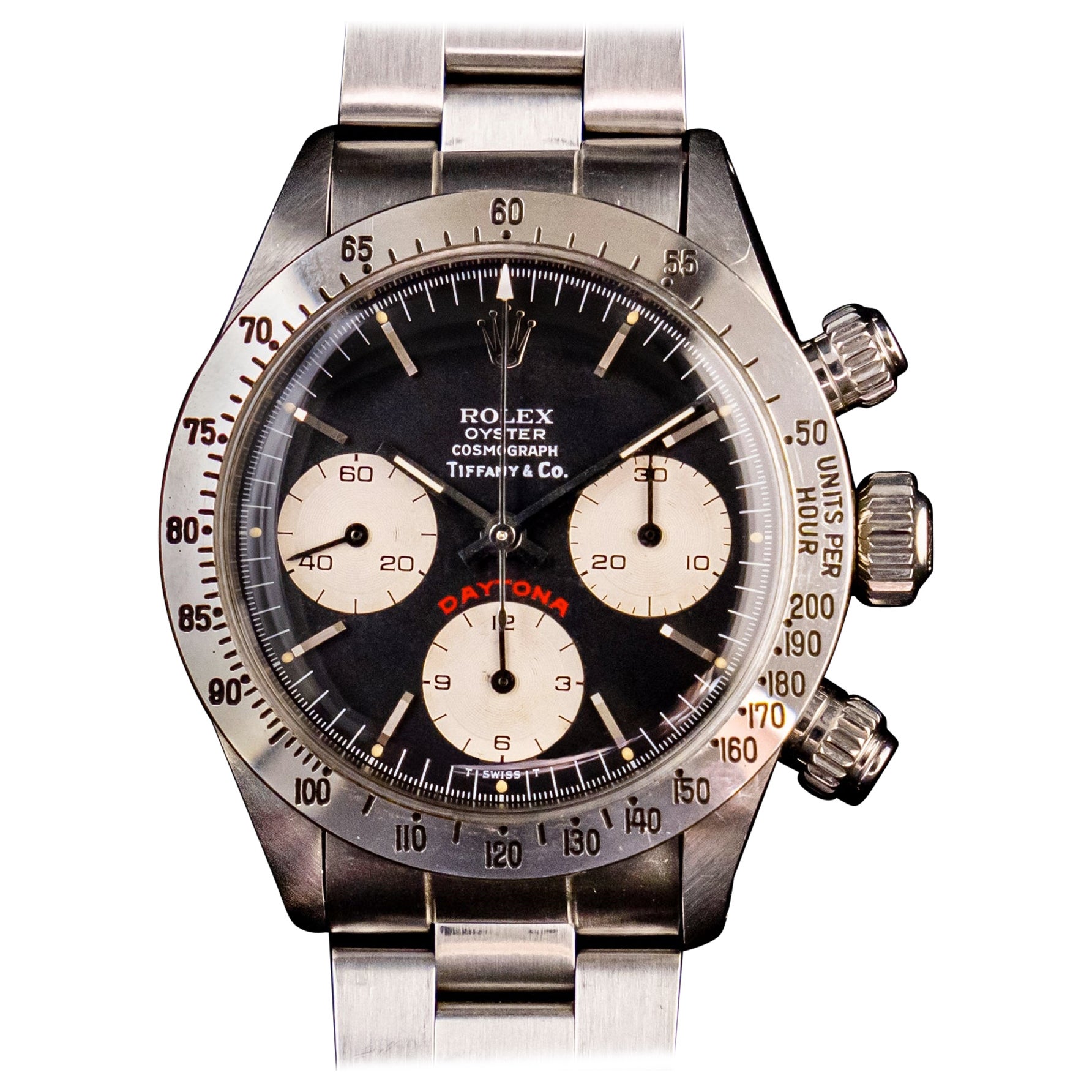 Rolex Steel Daytona Tiffany & Co Chronograph Black Big Red Dial 6265 Watch, 1974 For Sale