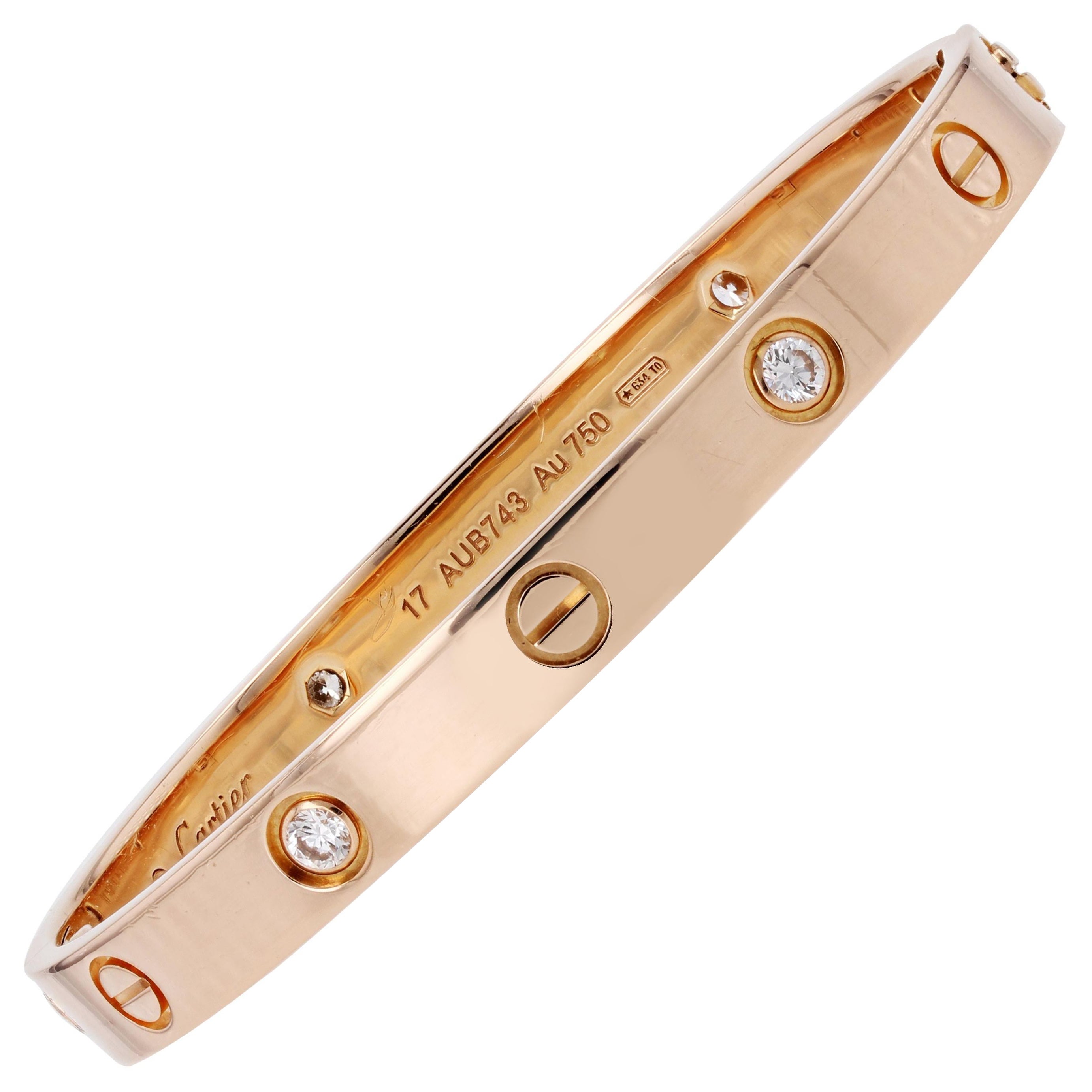 Cartier Love 4 Diamonds 18 Karat Rose Gold Bangle Bracelet Diameter 17