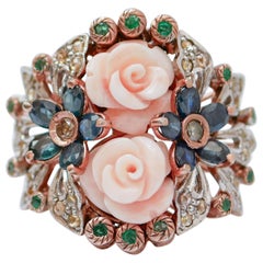Coral, Sapphires, Emeralds, Diamonds, Rose Gold and Silver Ring.