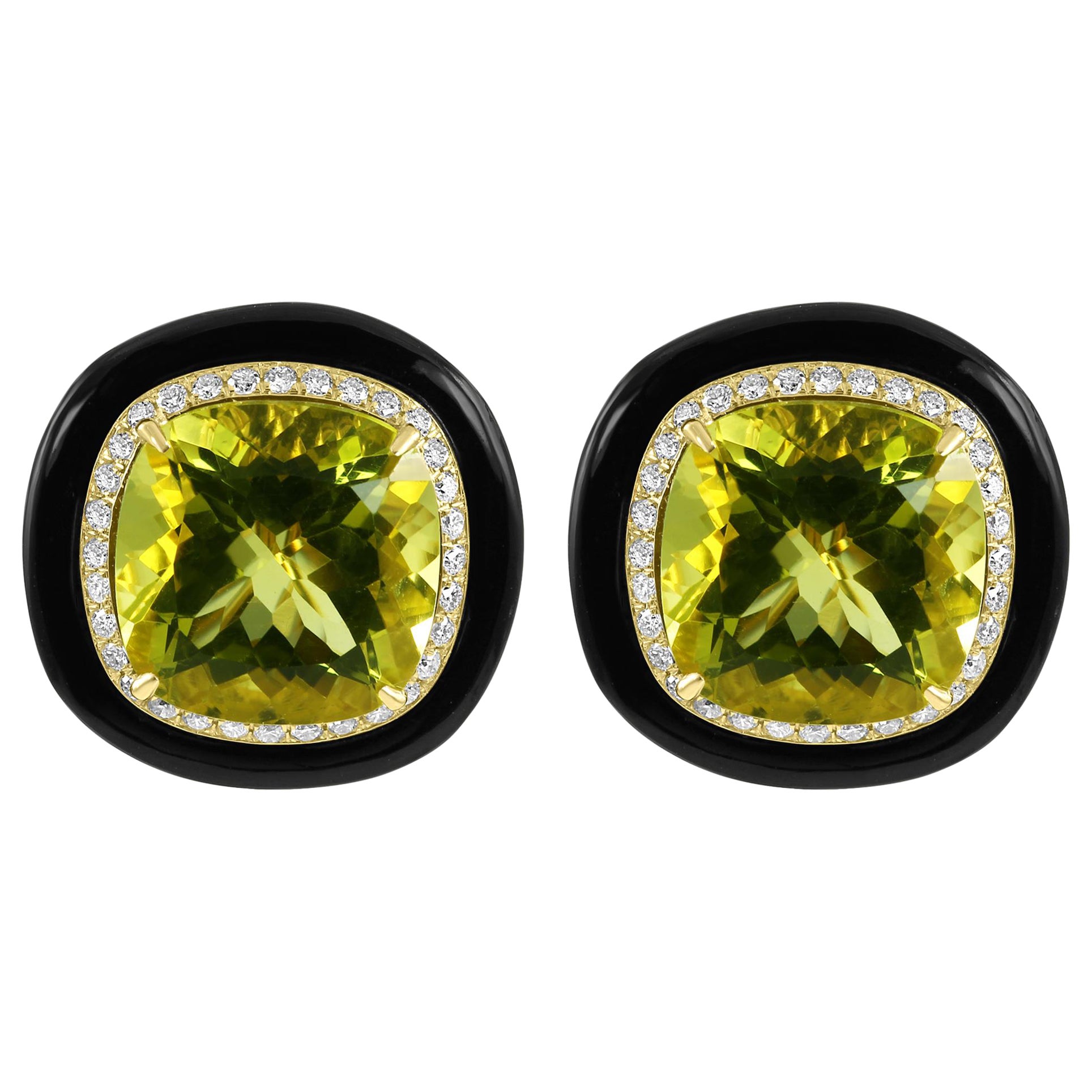 Lemon Quartz Cushion Diamond Onyx Halo 27.72 CT 18K Yellow Gold Art Deco Earring For Sale