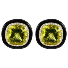 Boucles d'oreilles Art déco en or jaune 18 carats, quartz citron, diamant coussin, onyx et halo de 27,72 carats