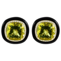 Lemon Quartz Cushion Diamond Onyx Halo 27.72 CT 18K Yellow Gold Art Deco Earring