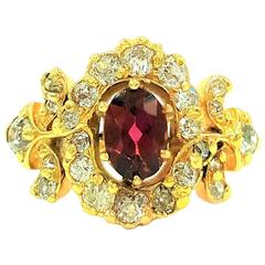Vivid Purplish Red .75 Carat Tourmaline Diamonds Gold Ring
