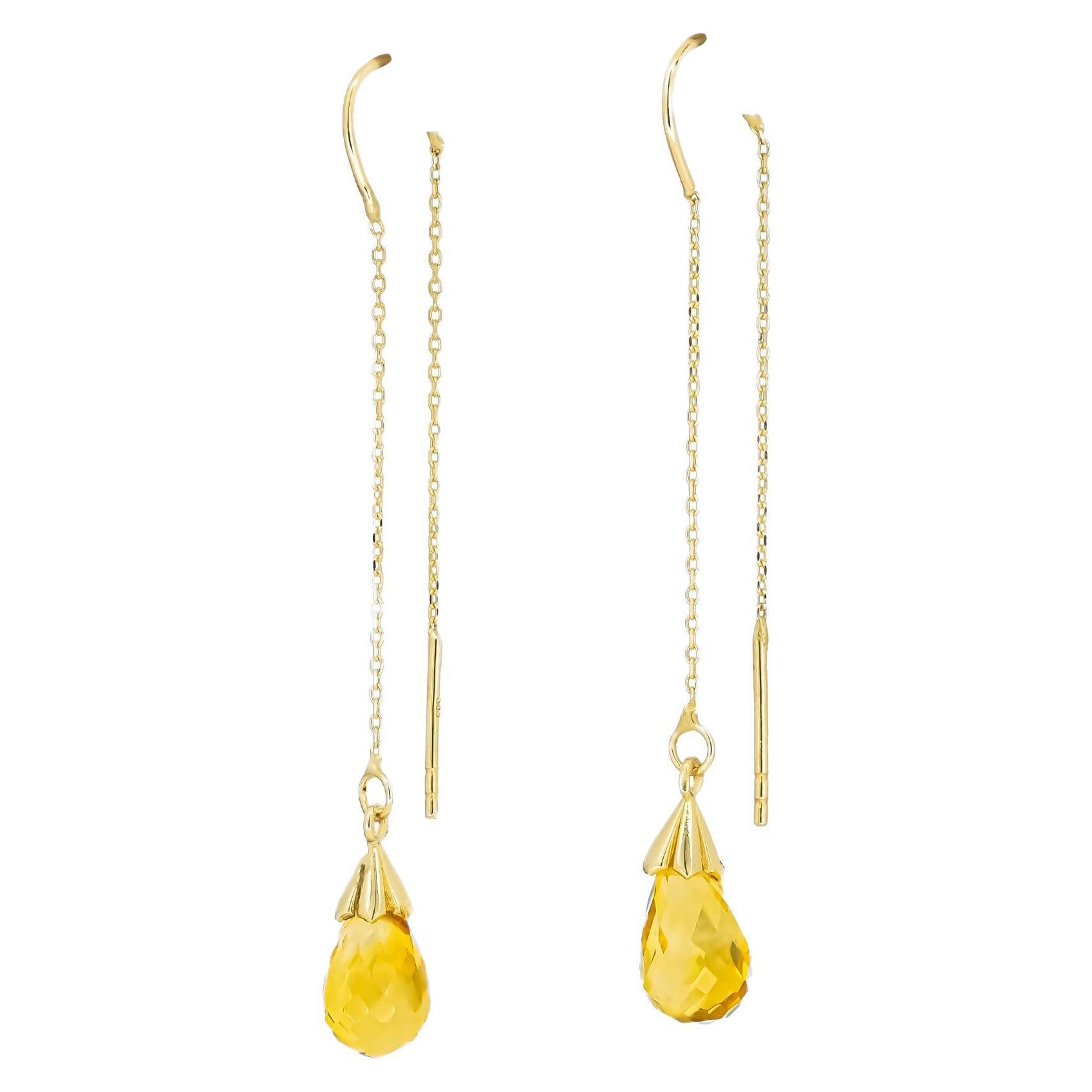 14 K Yellow Gold Threader Earrings with Citrines For Sale