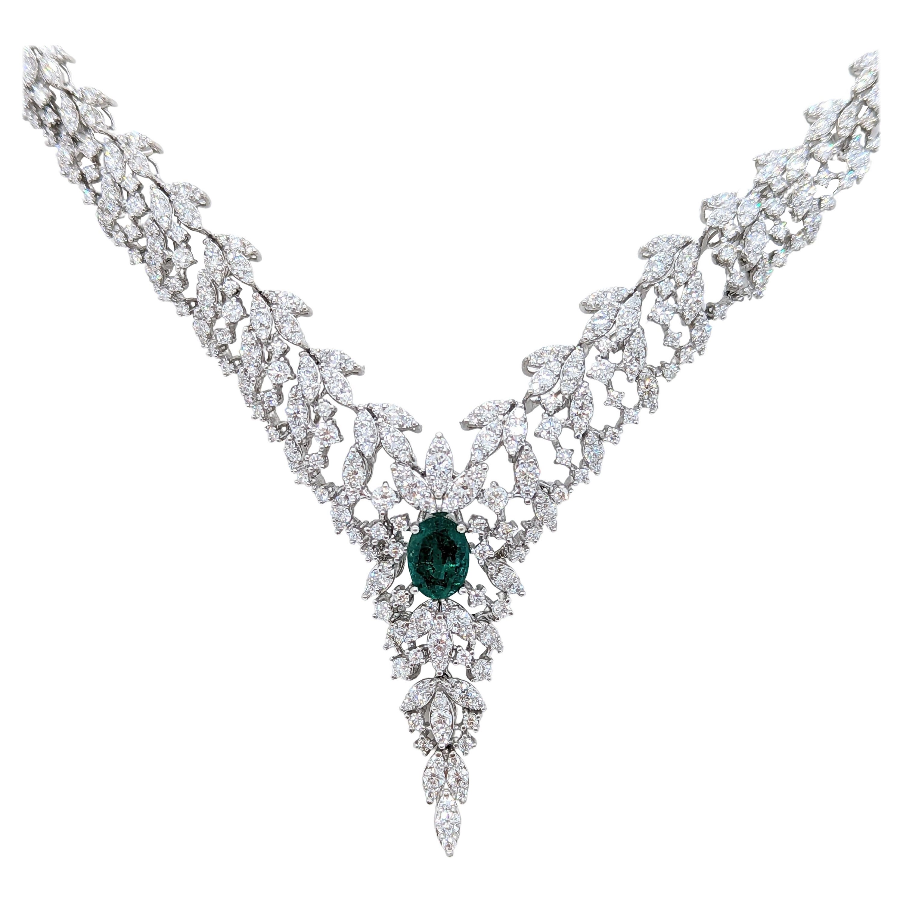 Emerald and White Diamond Cluster Necklace in 14K White Gold For Sale