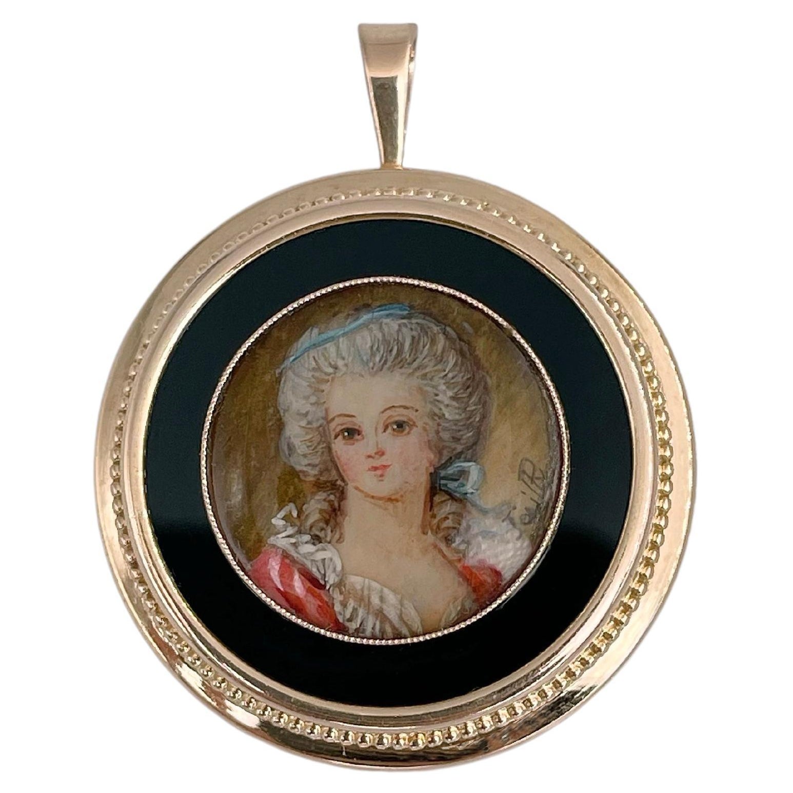 Broche Colgante Victoriano de Oro de 18 Kilates Retrato de Dama en Miniatura Firmado Ónix Redondo en venta