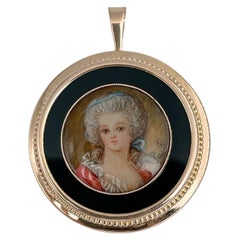 Viktorianische 18 Karat Gold Lady Miniature Portrait signiert Onyx Runde Anhänger Brosche