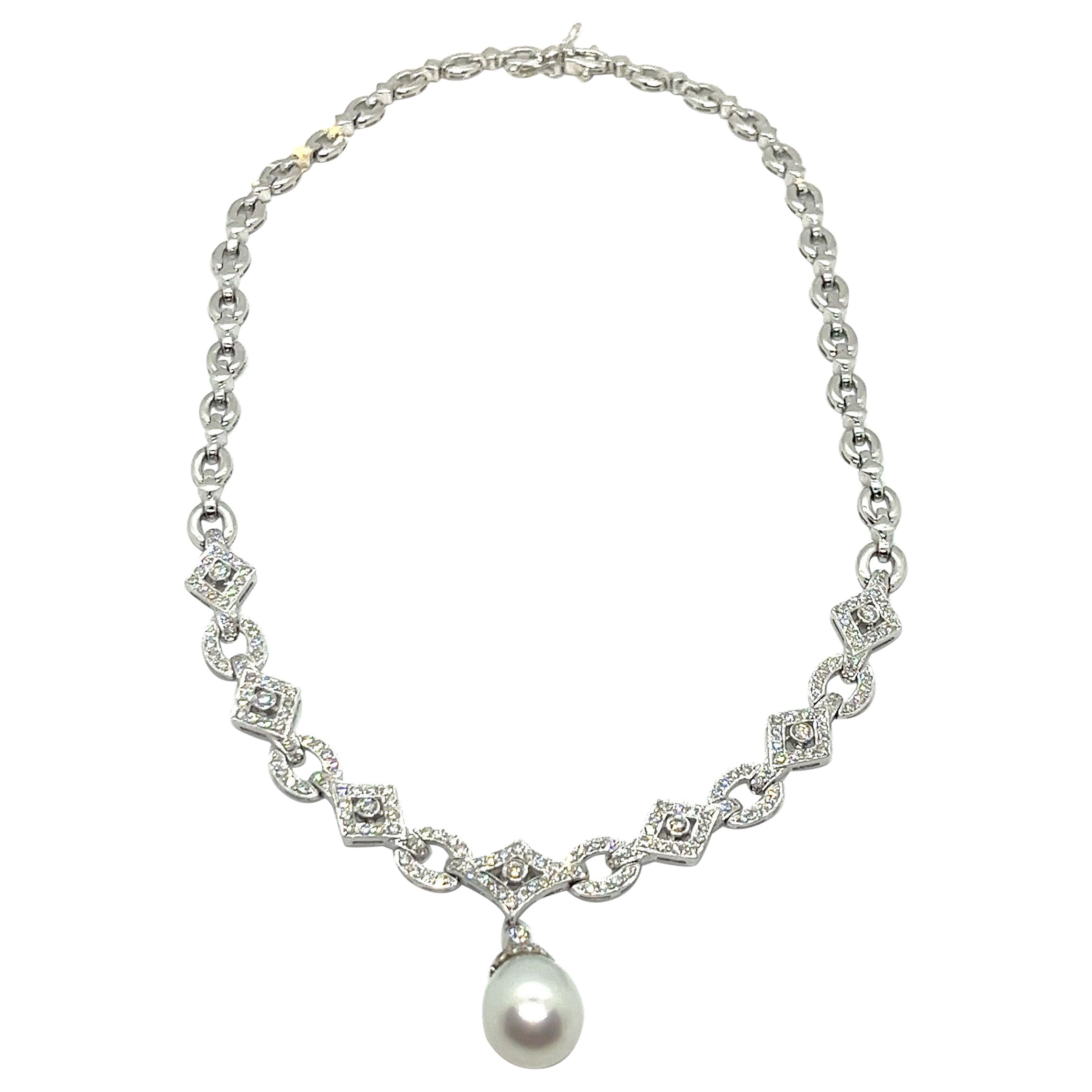 18K White Gold Diamond and South Sea Pearl Necklace For Sale