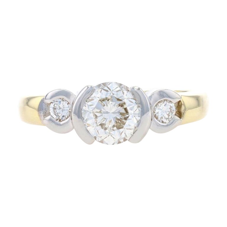 Yellow Gold Diamond Engagement Ring - 14k & 18k Round Cut 1.12ctw Three-Stone For Sale