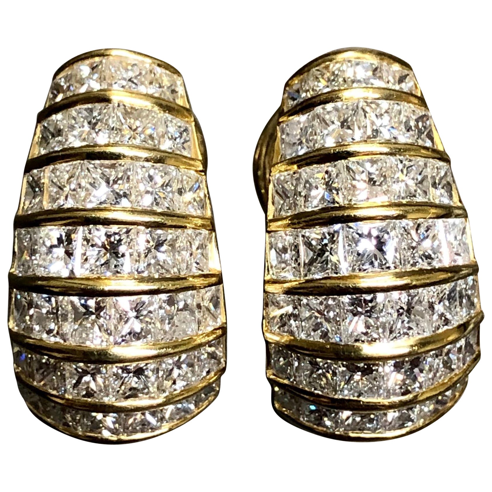 Estate 18K Princess Cut Diamond Omega Back Huggie Earrings 7cttw G Vs For Sale