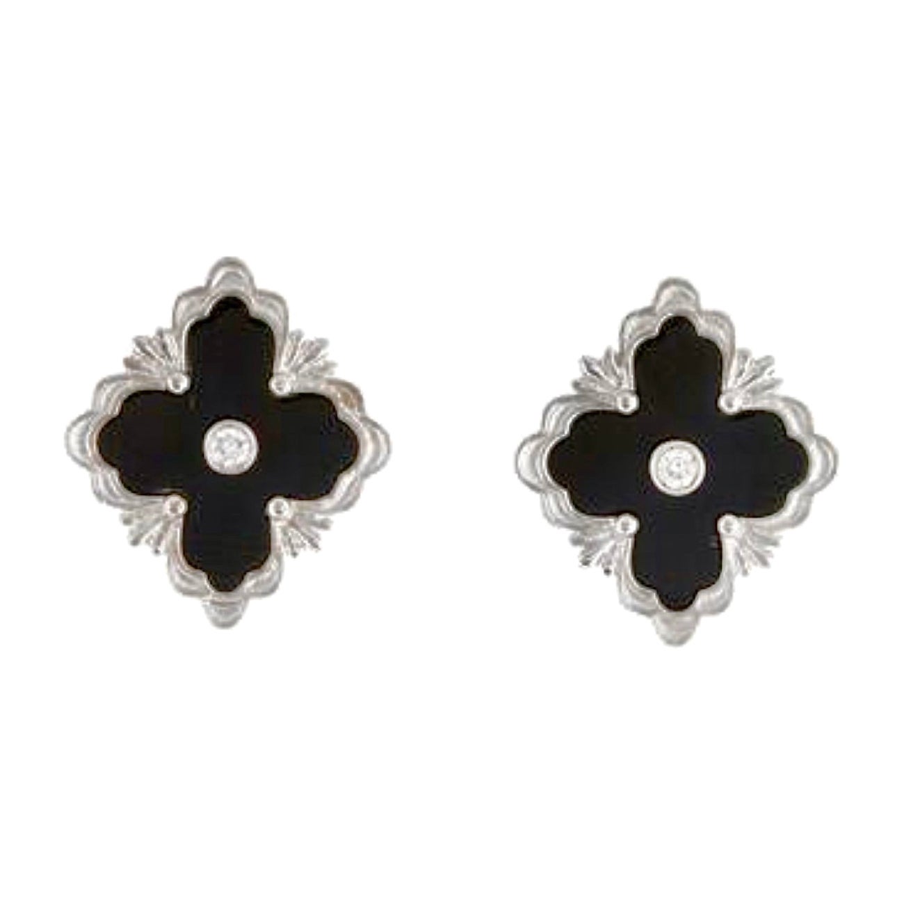 14k gold classic Floral silhouettes .07 Diamond drop earring with black onyx  For Sale