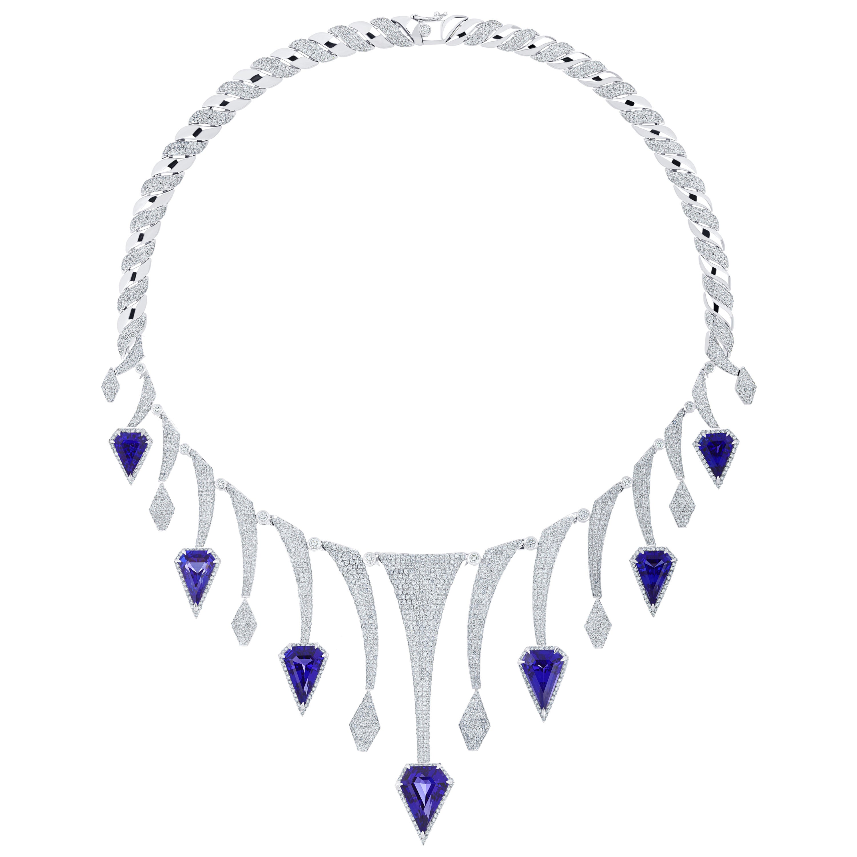 Tanzanite & Diamond Necklace in 18k White Gold Handmade Necklace for Gift For Sale