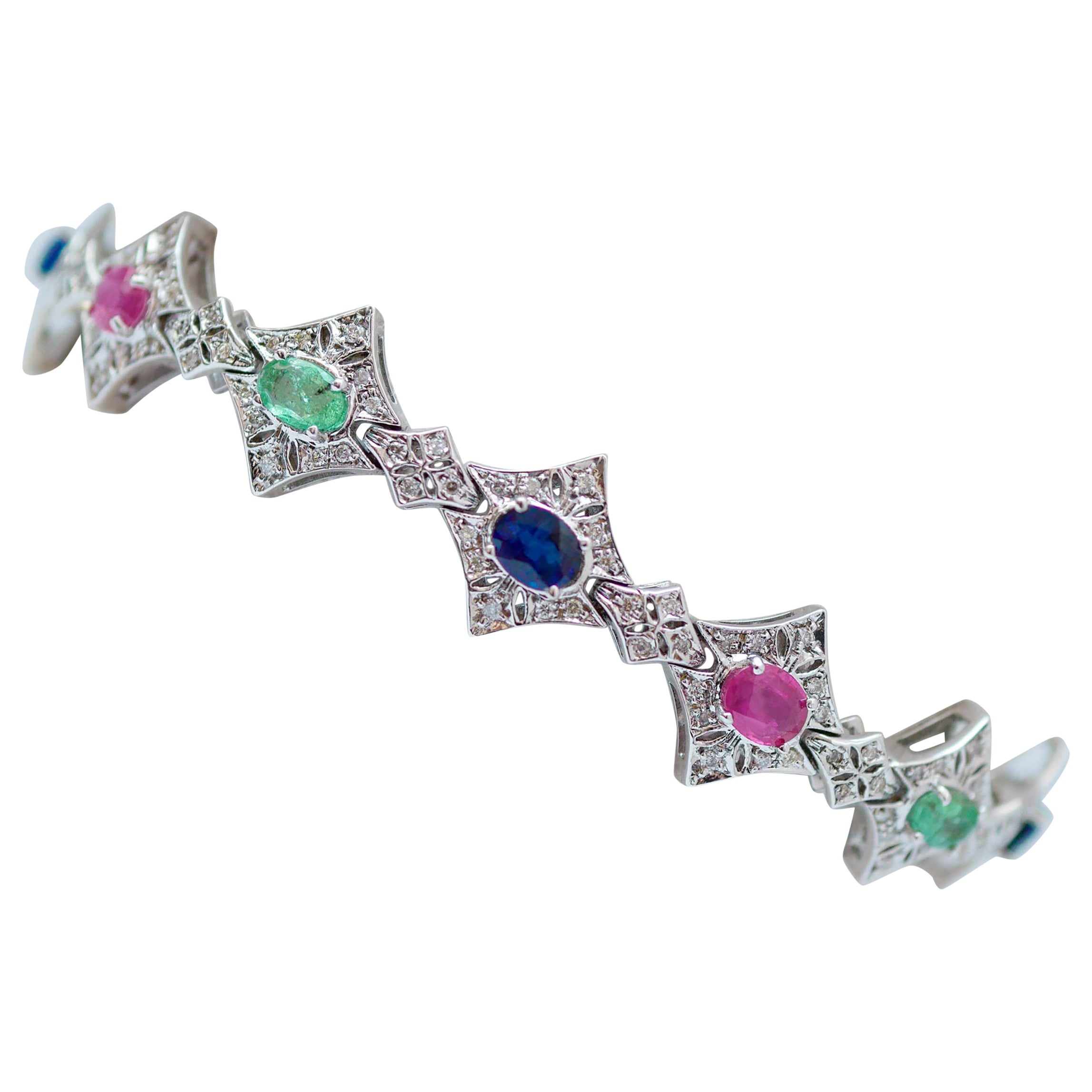 Emeralds, Rubies, Sapphires, Diamonds, 14 Karat White Gold Bracelet. For Sale