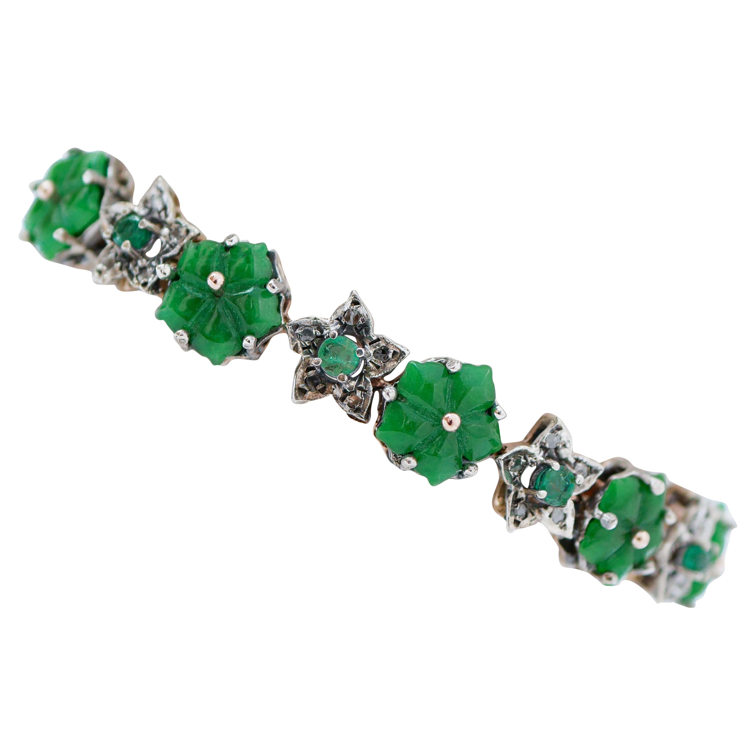 Green Agate Flowers, Emeralds, Diamonds, Rose Gold and Silver Bracelet. For Sale