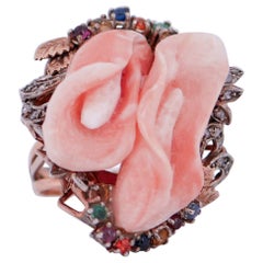 Coral, Emeralds, Rubies, Sapphires, Diamonds, Rose Gold and Silver Ring.