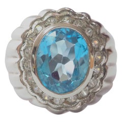 Signet Trombino 5ct Oval Blue Topaz & CZ Sterling Silver Men's Ring