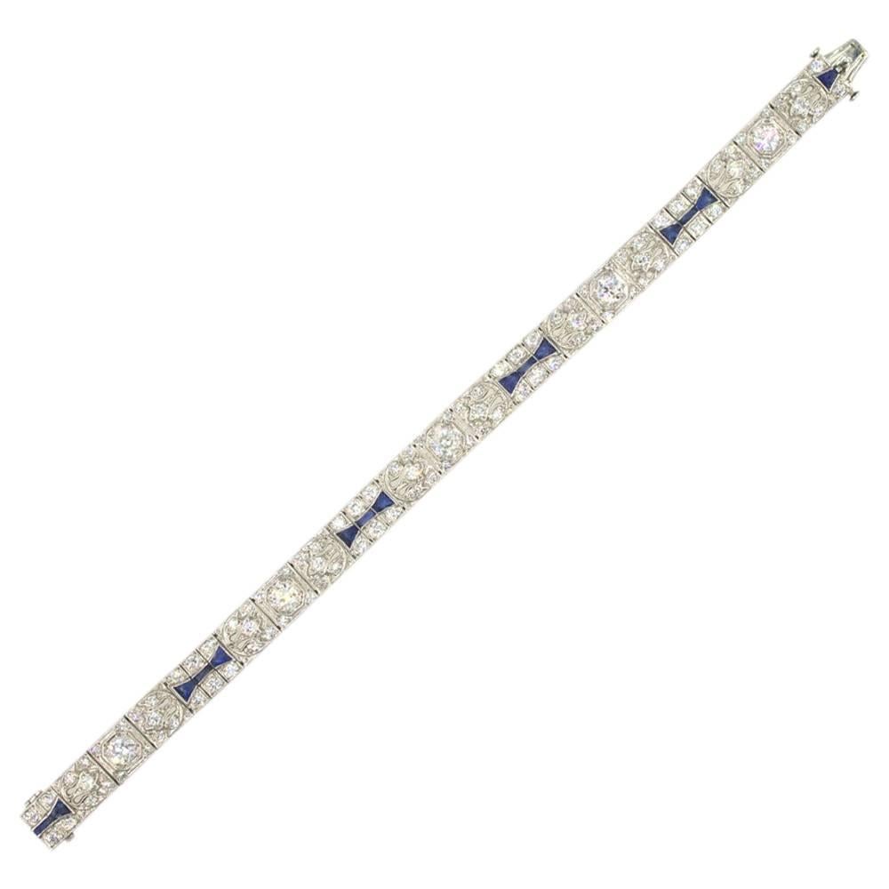Art Deco Five Carat Diamond Sapphire Platinum Link Bracelet