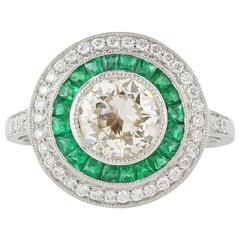 1.14 Carat Old European Cut Diamond Emerald Platinum Ring 9