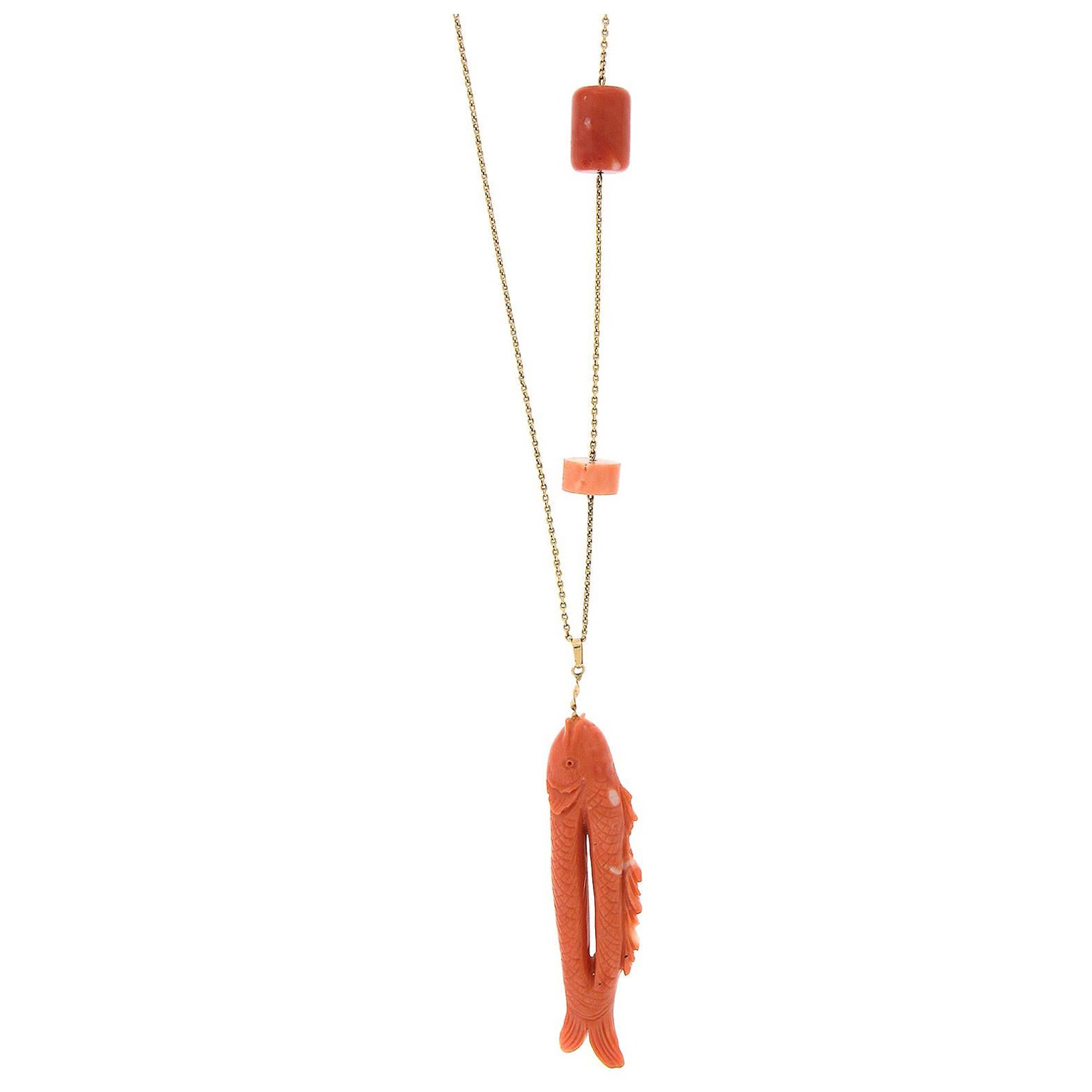 Vintage 14k Gold Carved Coral Fish on Line Pendant & Tubes on Chain Necklace For Sale