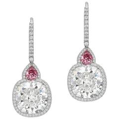 7.52 Carat Cushion Cut GIA Certified D/IF With Pink Fancy Diamond Drop Earrings 2