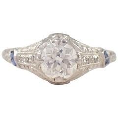 1920s Art Deco .80 Carat Diamond Sapphire Platinum Engagement Ring