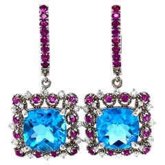 9.90 Carat Blue Topaz Pink Sapphire Diamond White Gold Drop Earrings
