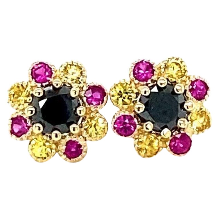 Black Diamond and Sapphire Yellow Gold Stud Earrings For Sale