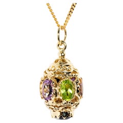 Vintage Circa 1990s Multi Gemstone 9 Carat Yellow Gold Lantern Pendant & Chain