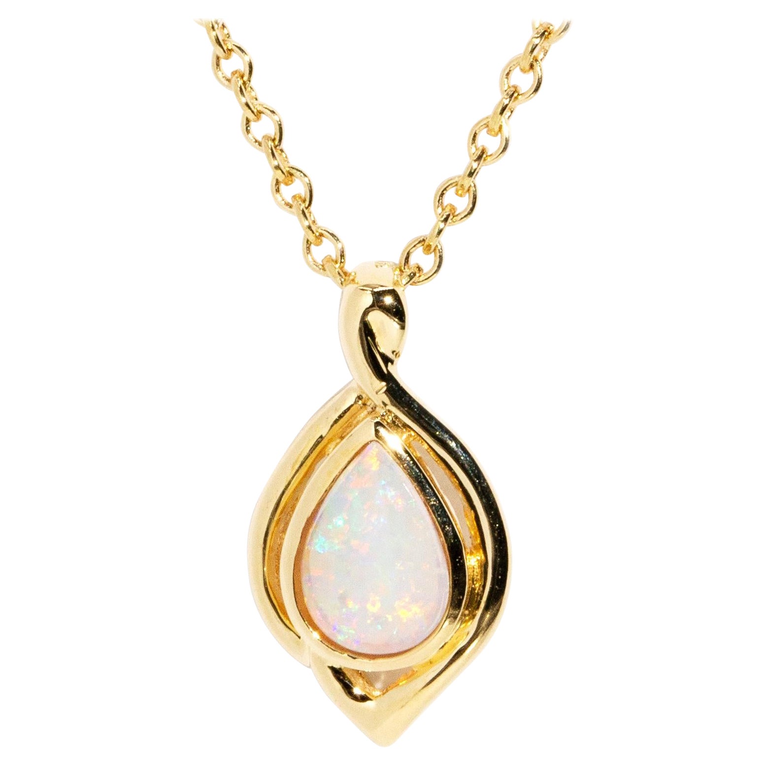Vintage 1990s Solid Australian Crystal Opal Pendant & Chain 18 Carat Yellow Gold