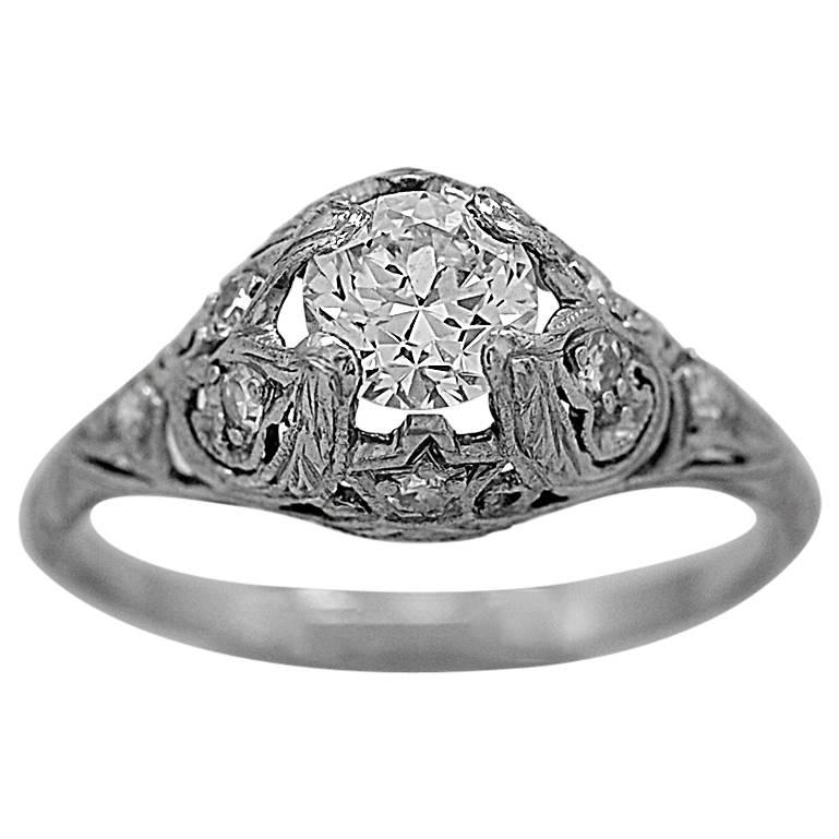 Art Deco .63 Carat Diamond Platinum Engagement Ring For Sale