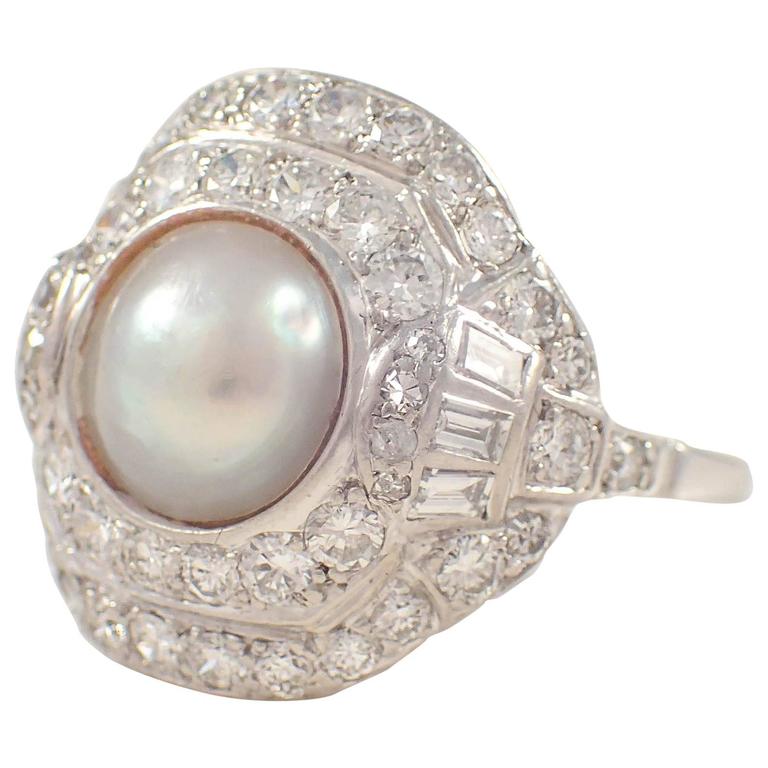 Art Deco Pearl Diamond Platinum Ring at 1stDibs