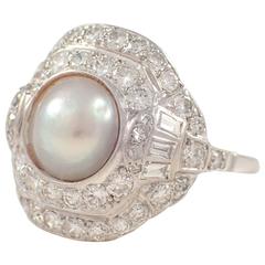 Art Deco Pearl Diamond Platinum Ring 