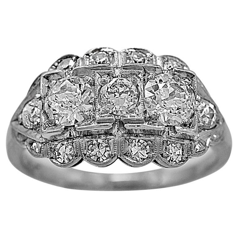 Art Deco .88 Carat Diamond Platinum Engagement Ring For Sale