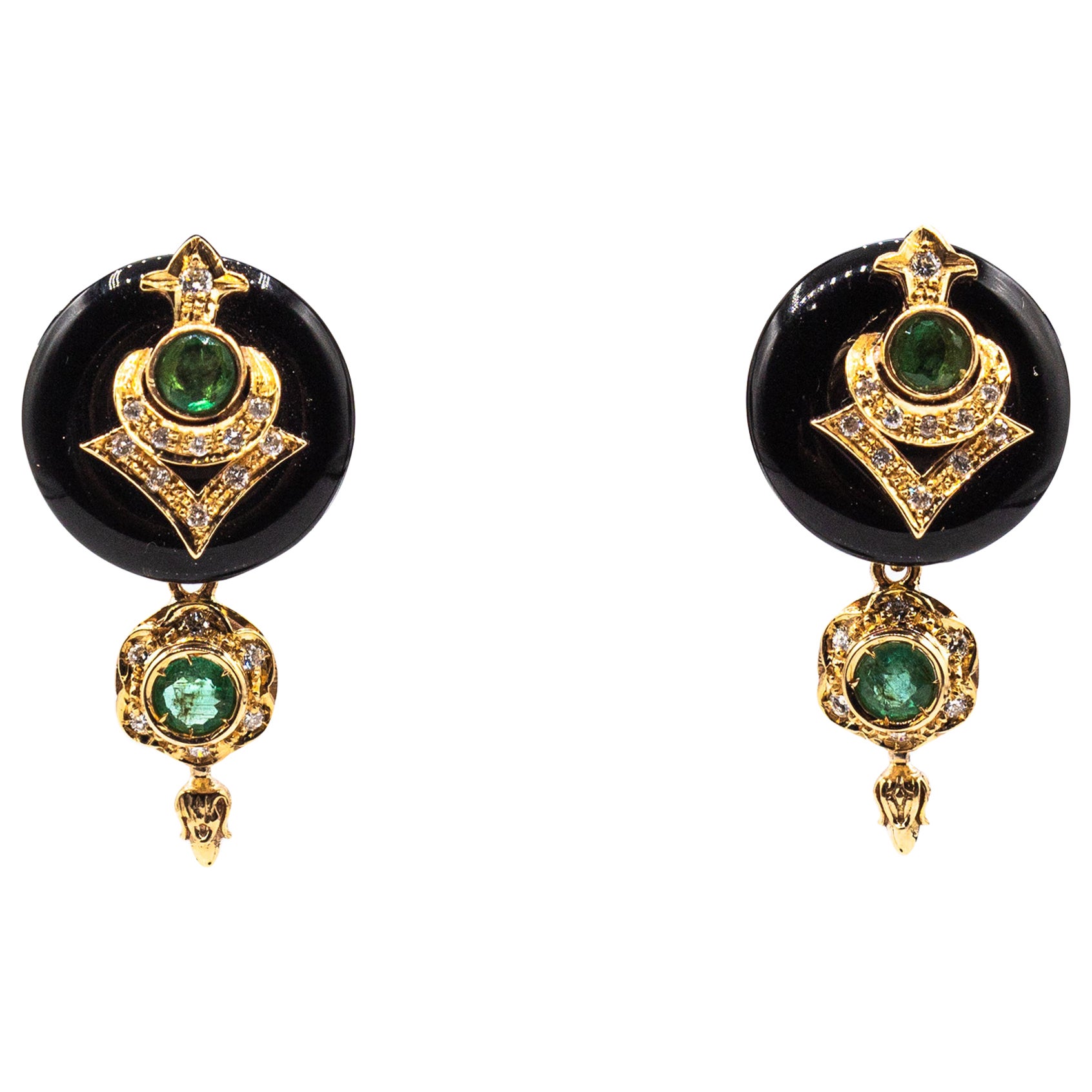 Art Deco Style White Diamond Emerald Handcut Onyx Yellow Gold Clip-On Earrings