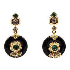 Art Deco Style Emerald White Diamond Handcut Onyx Yellow Gold Clip-On Earrings