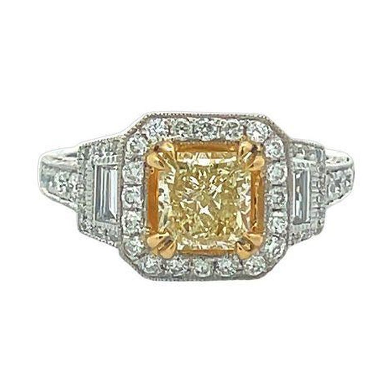 Fancy Yellow Princess Cut Ring 1.30ct BG&RD.82ct 18K WG For Sale