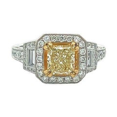 Vintage Fancy Yellow Princess Cut Ring 1.30ct BG&RD.82ct 18K WG