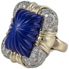 Large Carved Lapis Diamond Gold Ring 8