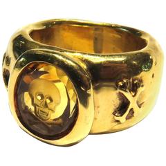 Vintage Loree Rodkin Carved Citrine Skull and Crossbones Large Heavy Band Ring