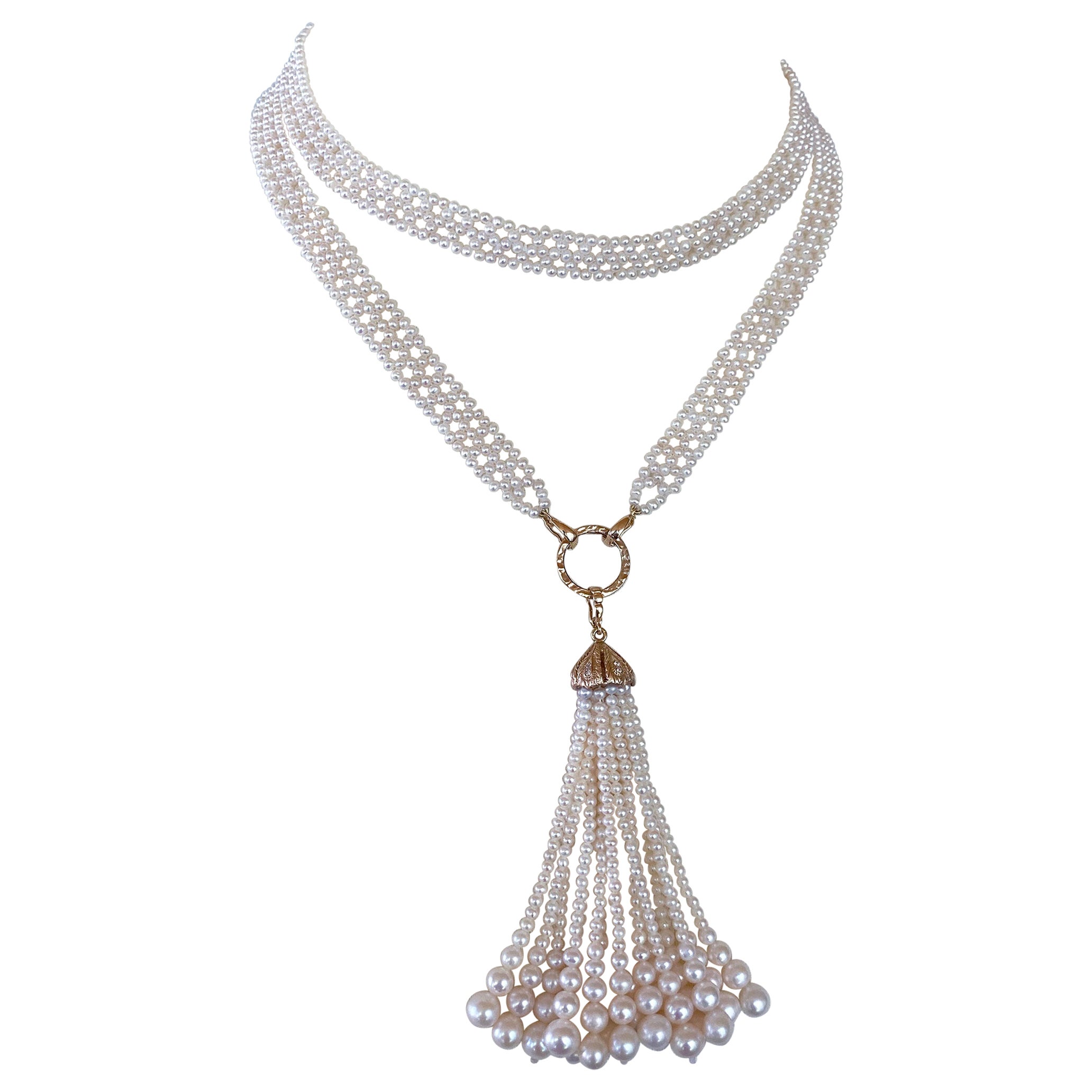 Marina J. Pearl Woven Lace Sautoir with Diamond Encrusted 14k Yellow Gold Tassel For Sale