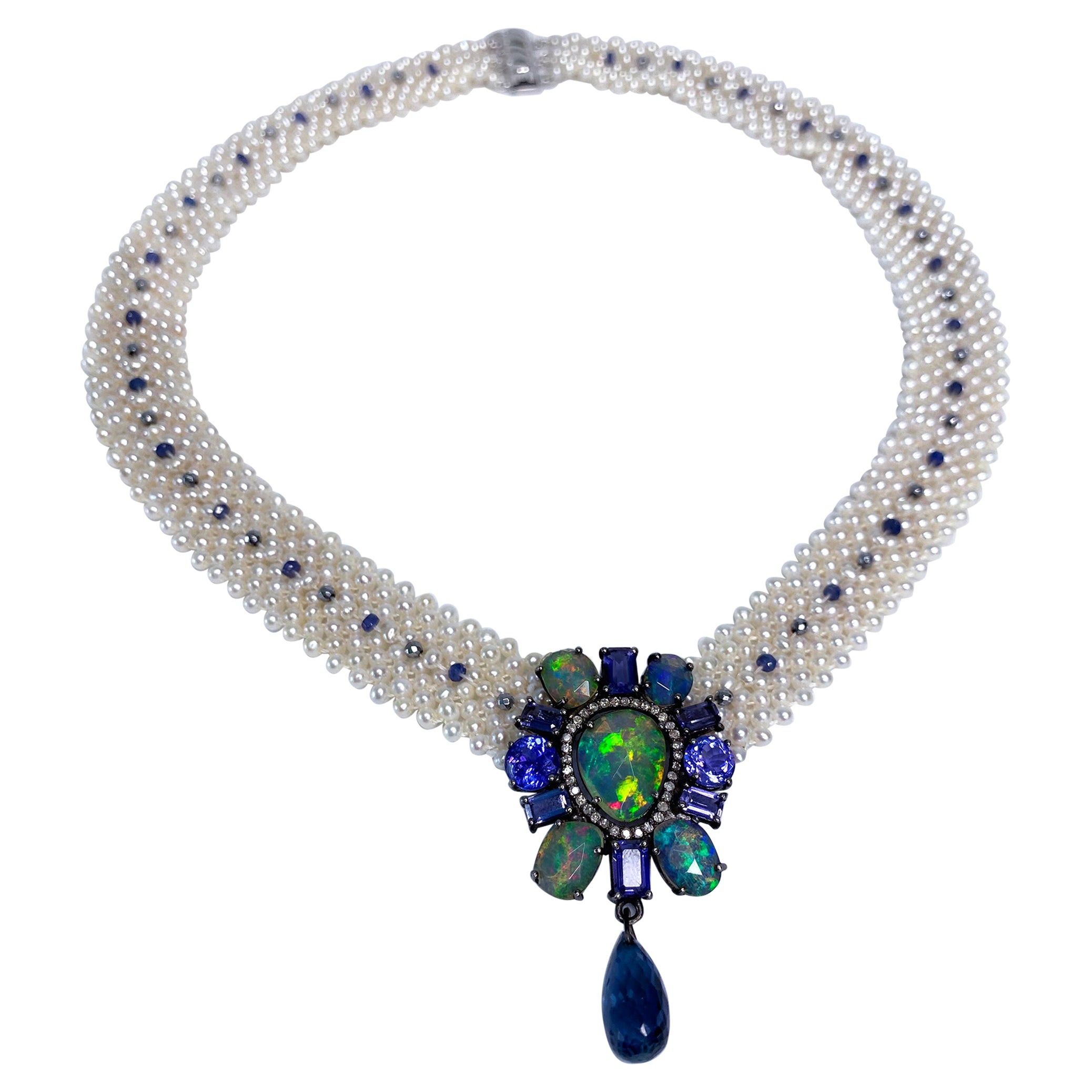 Marina J. Pearl Lace Necklace with Fire Opal, Tanzanite & Diamond Centerpiece