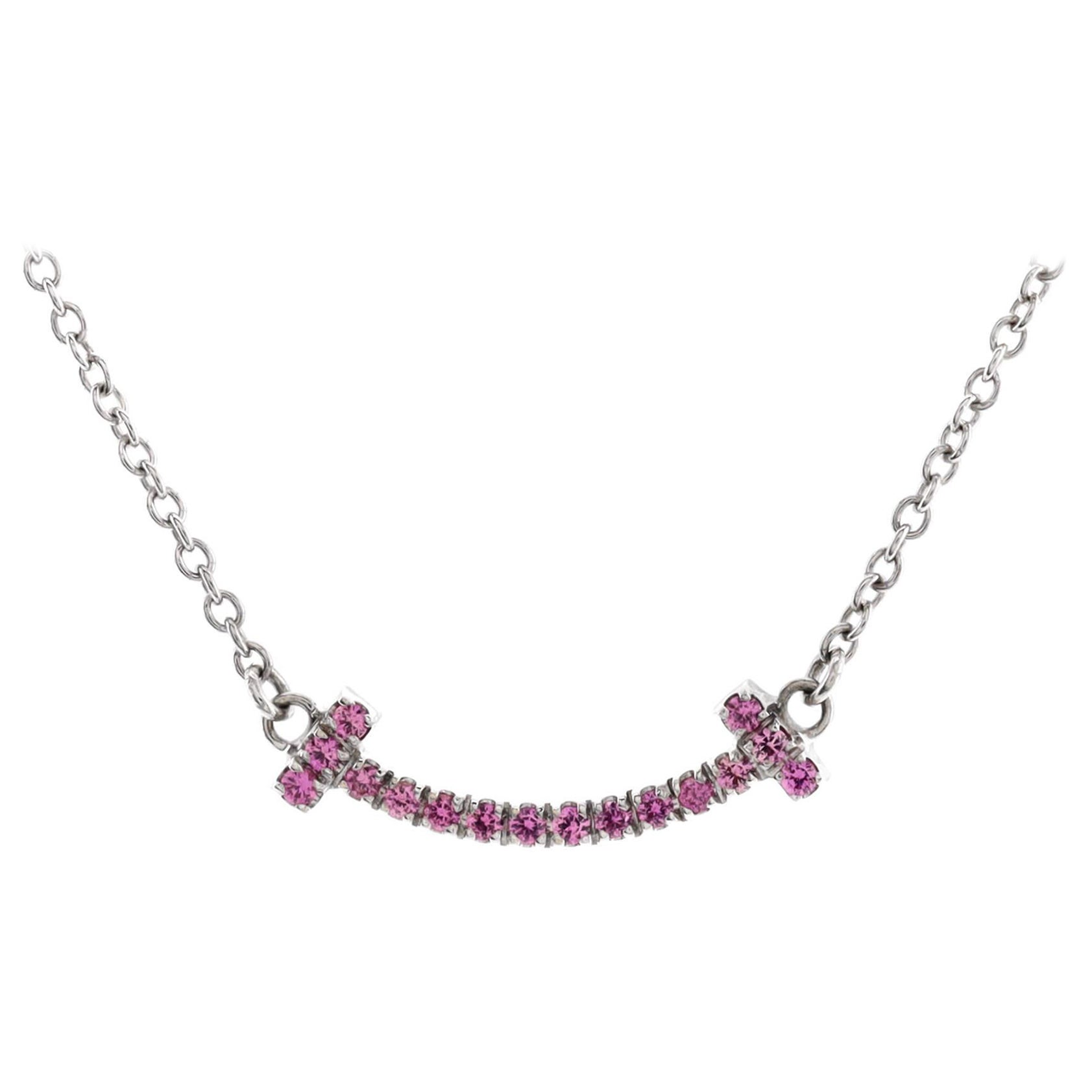 Tiffany & Co. T Smile Pendant Necklace 18K White Gold with Pink Sapphires Mini For Sale
