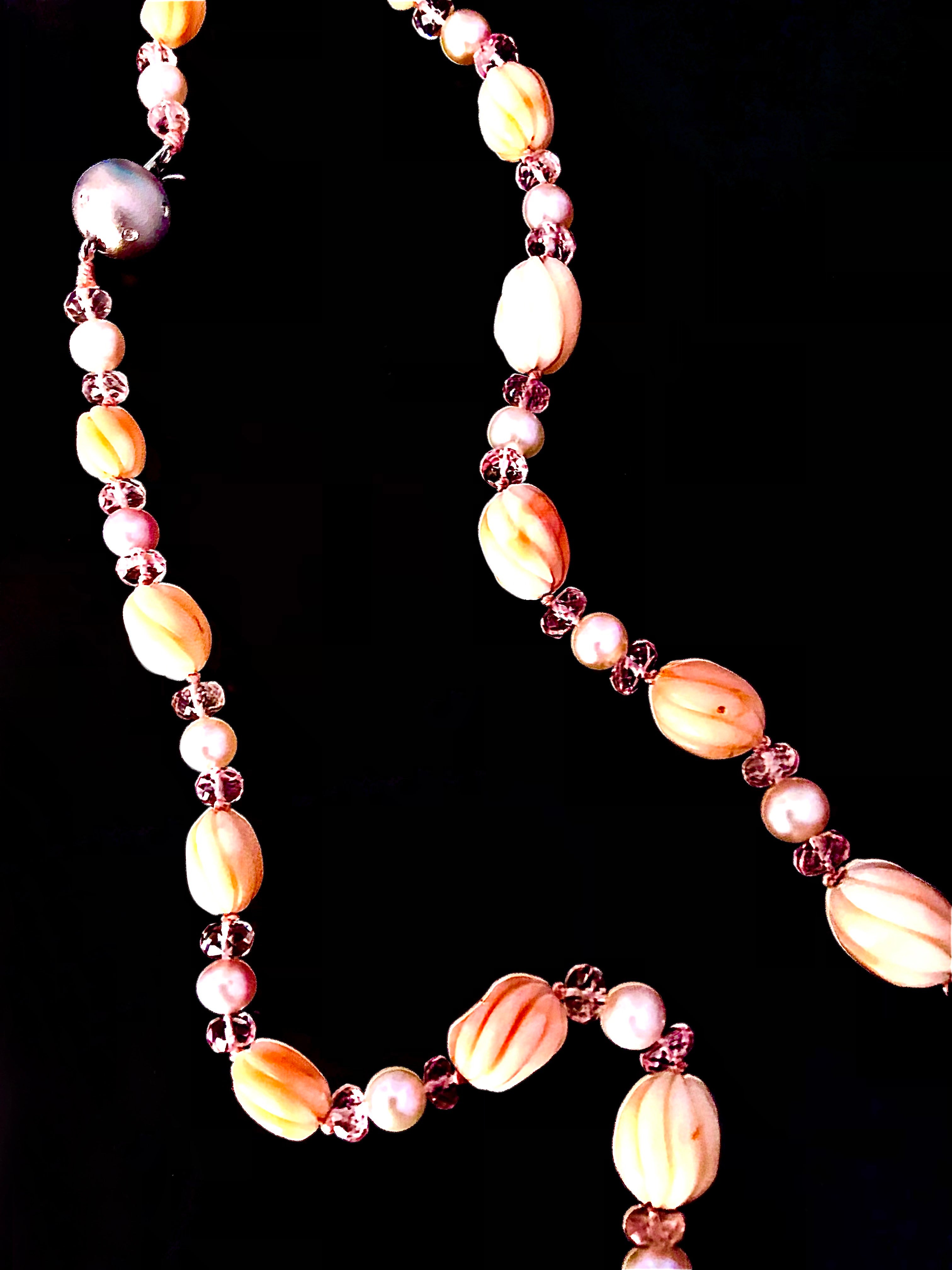 Sautoir w/ pink coral, morganite rondelles and white gold ball clasp w/ diamonds For Sale